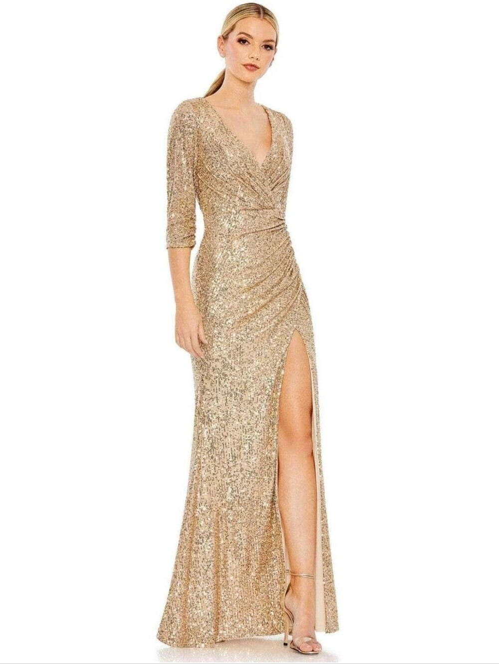 IEENA for Mac Duggal Gold Sequin V-Neck  Ruched Evening Gown